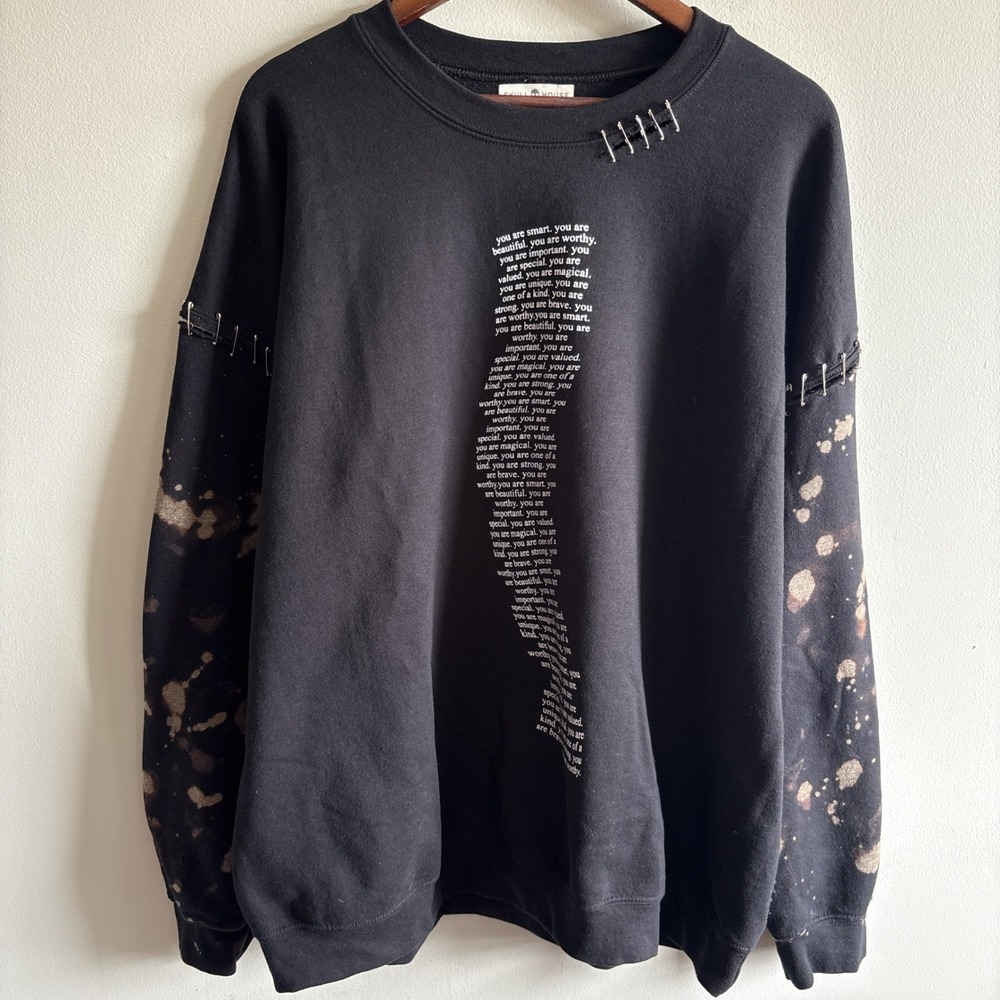 Skull House Black Affirmation Safety Pin Bleach Splatter Sweatshirt Womens